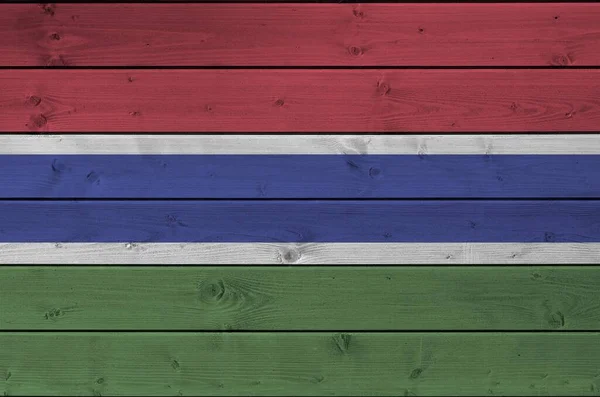 Bandera Gambia Representada Colores Pintura Brillantes Antigua Pared Madera Cerca — Foto de Stock