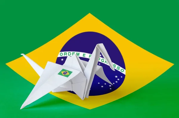Brazil Flag Depicted Paper Origami Crane Wing Oriental Handmade Arts — Stock Photo, Image