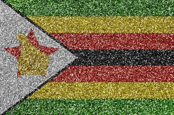 Flaga Zimbabwe Przedstawiona Wielu Małych Błyszczących Cekinach Kolorowe Tło Festiwalu — Zdjęcie stockowe