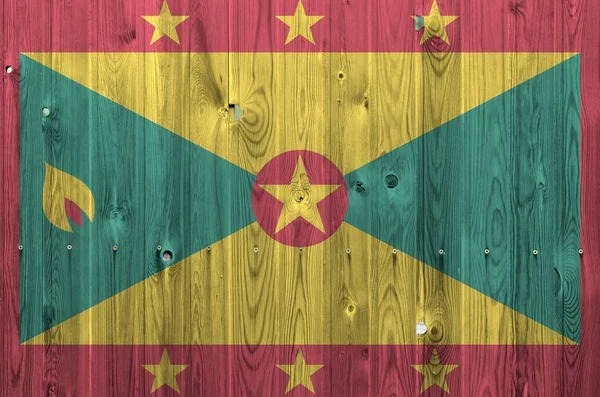 Grenada Flagge Hellen Farben Auf Alten Holzwänden Großaufnahme Dargestellt Texturiertes — Stockfoto