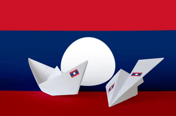 Bandiera Laos Raffigurata Carta Origami Aereo Barca Orientale Concetto Arti — Foto Stock