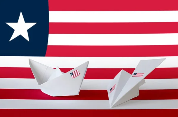 Liberia Flag Depicted Paper Origami Airplane Boat Oriental Handmade Arts — Stock Photo, Image