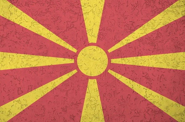 Bandera Macedonia Representada Colores Pintura Brillantes Pared Yeso Relieve Viejo — Foto de Stock