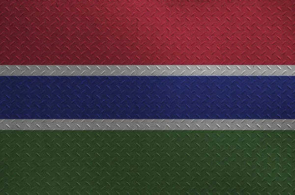 Bandeira Gâmbia Retratada Cores Tinta Placa Metal Escovado Velho Parede — Fotografia de Stock