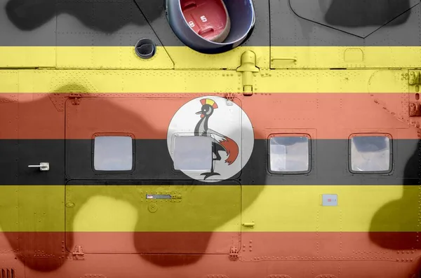 Uganda Flagga Avbildas Sidan Del Militär Bepansrad Helikopter Närbild Army — Stockfoto