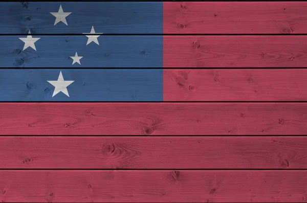 Bandeira Samoa Retratada Cores Tinta Brilhantes Parede Madeira Velha Fechar — Fotografia de Stock