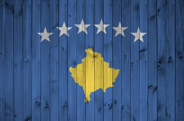 Kosovoer Flagge Hellen Farben Auf Alten Holzwänden Aus Nächster Nähe — Stockfoto