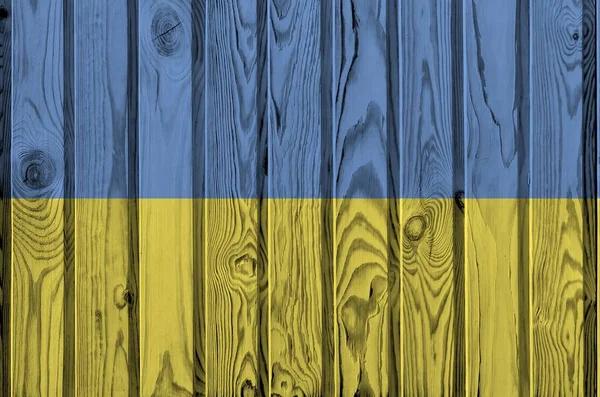 Ukraine Flag Depicted Bright Paint Colors Old Wooden Wall Close — Stock Photo, Image