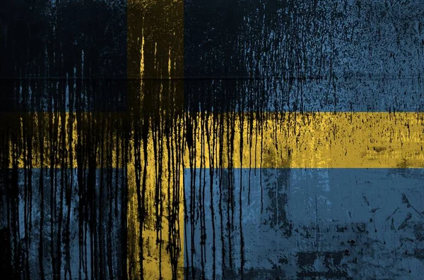 Flaga Szwecji Przedstawiony Kolorach Farby Starych Brudnych Ścianach Beczki Ropy — Zdjęcie stockowe
