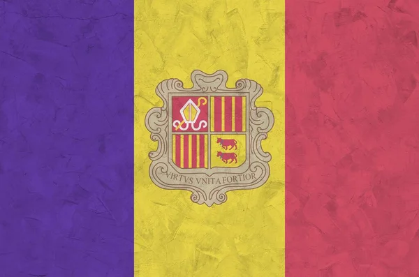 Bandeira Andorra Retratada Cores Tinta Brilhantes Parede Reboco Relevo Antigo — Fotografia de Stock