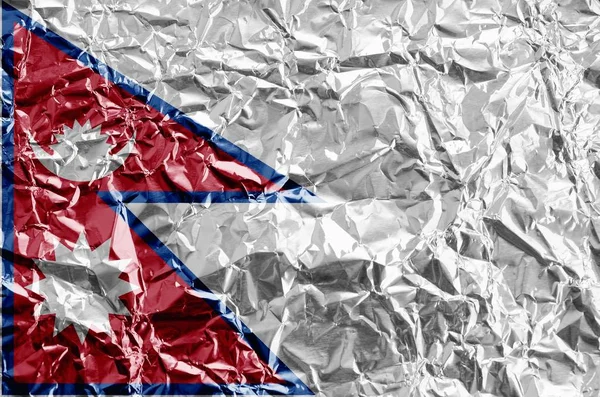 Bandera Nepal Representada Colores Pintura Sobre Papel Aluminio Arrugado Brillante —  Fotos de Stock