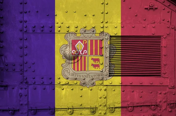 Bandeira Andorra Retratada Parte Lateral Tanque Blindado Militar Perto Exército — Fotografia de Stock