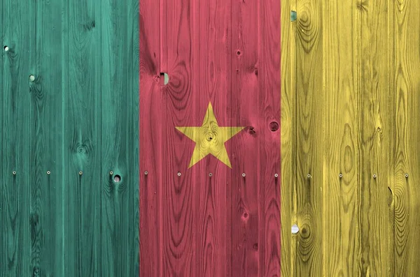 喀麦隆国旗在旧木墙上漆成明亮的颜色 粗糙背景的纹理横幅 — 图库照片