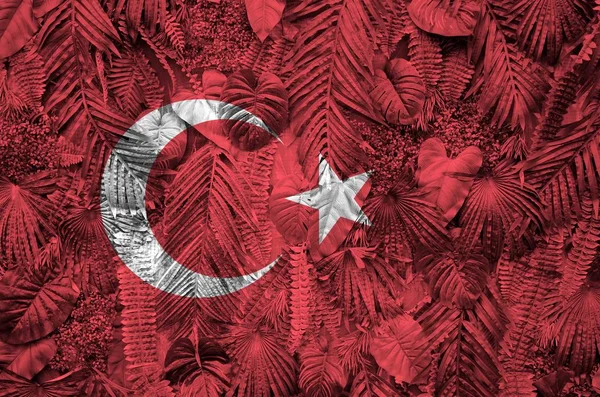 Turkey Flag Depicted Many Leafs Monstera Palm Trees Trendy Fashionable — Stock Photo, Image