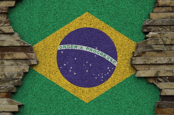 Brazil Flag Depicted Paint Colors Old Stone Wall Close Textured — Stock Photo, Image