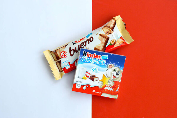 Kinder Chocolate small box for kids and bueno white chocolate bar made by Ferrero SpA. Kinder is a confectionery product brand line of multinational manufacturer Ferrero