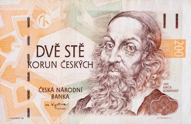Jan Amos Komensky Çek parasından portre 200 Çek Korun banknotu