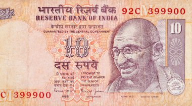 Hindistan bankasında Mahatma Gandi 'nin yüzü 10 rupi. Hindistan Ulusal Para Birimi 10 Rupi