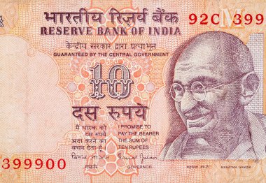 Hindistan bankasında Mahatma Gandi 'nin yüzü 10 rupi. Hindistan Ulusal Para Birimi 10 Rupi
