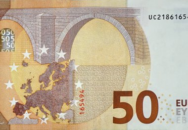 50 avroluk banknotun küçük kahverengi detaylarla yakın plan parçası