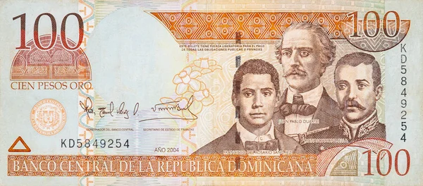 Francisco Del Rosario Sanchez portret met Matias Ramon Mella en Juan Pablo Duarte afgebeeld op oud honderd peso biljet — Stockfoto