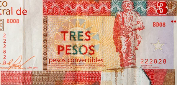 Che Guevara monumento sulla banconota cubana di arancione tre pesos convertibili 2016 — Foto Stock
