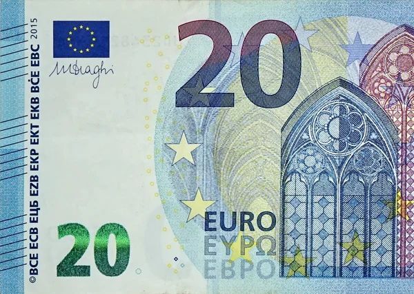 Parte frammentaria del primo piano di 20 banconote in euro con piccoli dettagli blu — Foto Stock