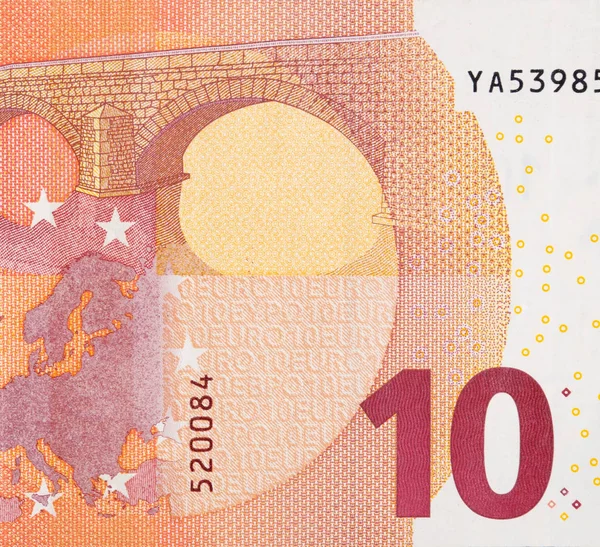 10ユーロ紙幣の断片部分は、小さな赤の詳細とクローズアップ — ストック写真