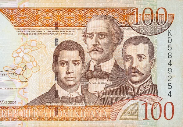 Francisco Del Rosario Sanchez portré Matias Ramon Mella-val és Juan Pablo Duarte-val régi száz peso hangon ábrázolva — Stock Fotó