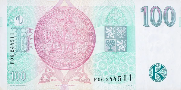 República Checa 100 Korun 1997 Bank Note close up bill fragment — Fotografia de Stock