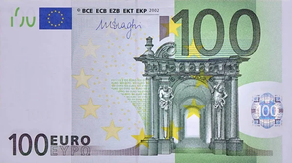 Front part of 100 euro banknote close-up with small green details — Stock Photo, Image