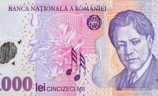 George Enescu Romanya 'dan 50000 Leu 2001 Banknotuyla ilgili — Stok fotoğraf