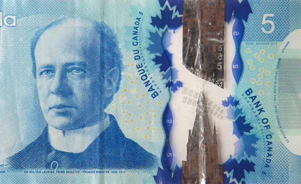 Sir Wilfrid Laurier portré Kanadából 5 dollár 2013 Polimer bankjegyek töredéke — Stock Fotó