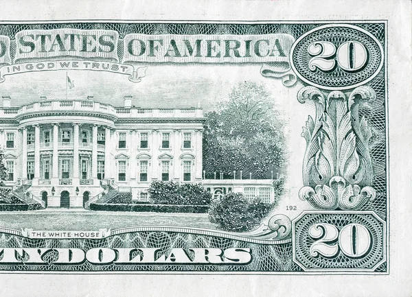 US 20 dollars banknote with white house closeup macro bill fragment — 스톡 사진