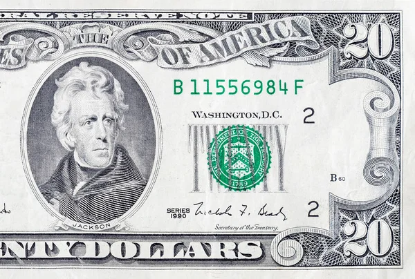 Portrait of US president Andrew Jackson on 20 dollars banknote closeup macro fragment — 스톡 사진