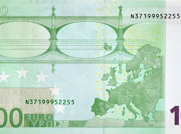 Rear part of 100 euro banknote close-up with small green details — Stock Photo, Image