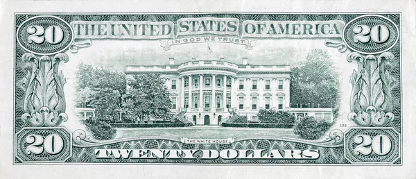 Банкнота стоимостью 20 долларов США с фрагментом макро-счета Белого дома — стоковое фото