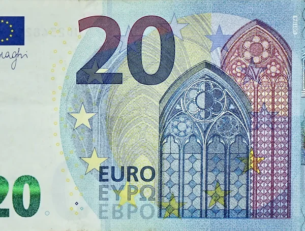 Fragmentteil einer 20-Euro-Banknote in Nahaufnahme mit kleinen blauen Details — Stockfoto