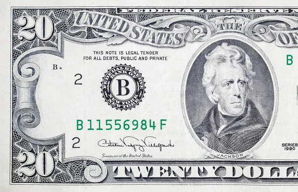 Retrato do presidente norte-americano Andrew Jackson sobre fragmento macro de fecho de notas de 20 dólares — Fotografia de Stock