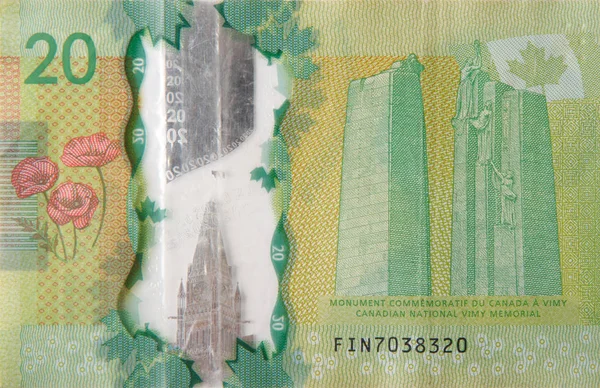 Kanadai Nemzeti Vimi Emlékmű Kanadából 20 dollár 2012 Polimer Bankjegy töredék — Stock Fotó