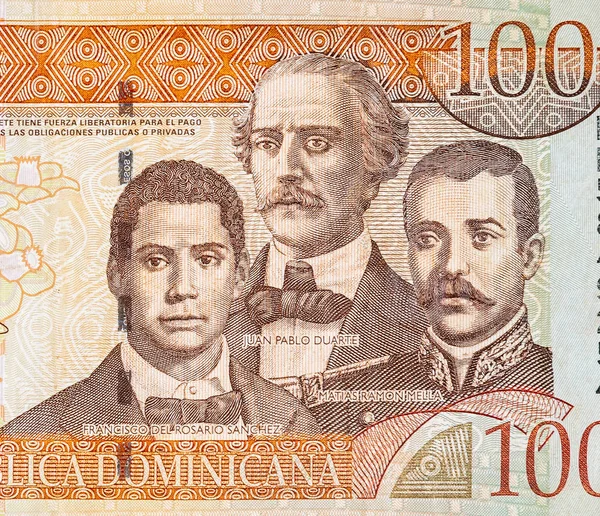 Francisco Del Rosario Sanchez portré Matias Ramon Mella-val és Juan Pablo Duarte-val régi száz peso hangon ábrázolva — Stock Fotó