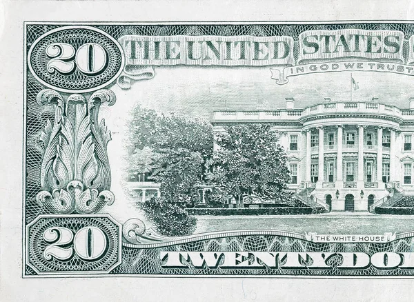 Nota de 20 dólares dos EUA com fragmento de macrofactura de fecho da casa branca — Fotografia de Stock