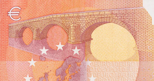 Parte frammentaria del primo piano delle banconote in euro da 10 con piccoli dettagli rossi — Foto Stock