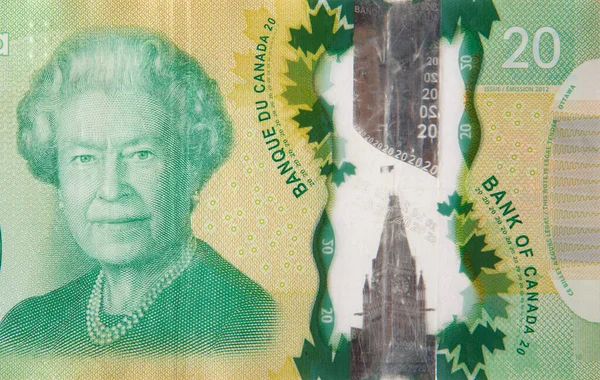 Őfelsége Erzsébet királynő portré Kanadából 20 dollár 2012 Polimer bankjegy töredék — Stock Fotó