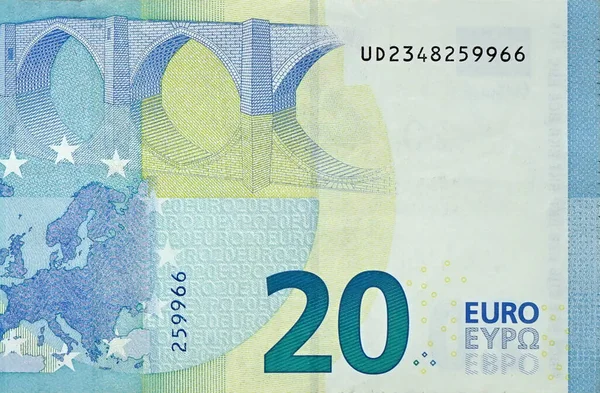 Fragmento parte del billete de 20 euros en primer plano con pequeños detalles azules — Foto de Stock