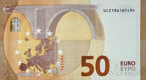 Fragment part of 50 euro banknote close-up with small brown details — Stock Photo, Image