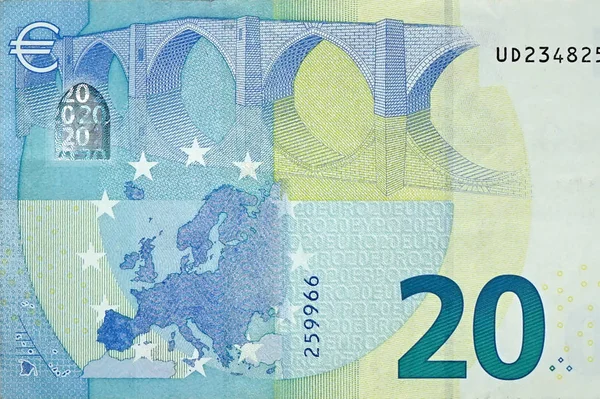 Fragment 20 zbliżenie banknotów euro z drobnymi niebieskimi detalami — Zdjęcie stockowe