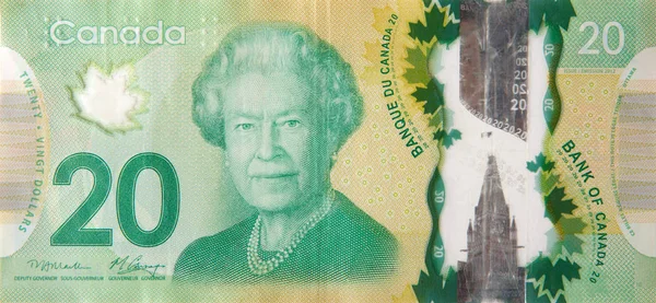 Őfelsége Erzsébet királynő portré Kanadából 20 dollár 2012 Polimer bankjegy töredék — Stock Fotó