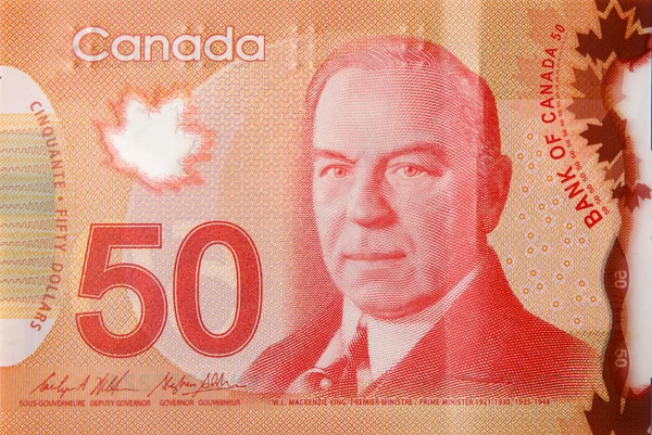 William Lyon Mackenzie King portrait on Canada 50 Dollars 2012 Polymer Banknote fragment — Stock Photo, Image