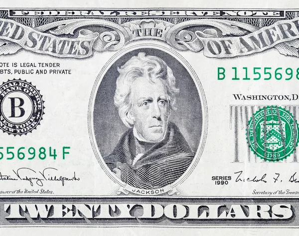 Retrato do presidente norte-americano Andrew Jackson sobre fragmento macro de fecho de notas de 20 dólares — Fotografia de Stock